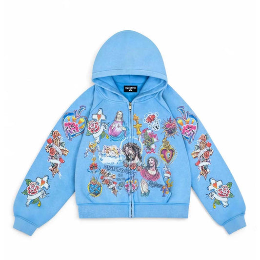 Righteous Risen King Cropped Zip Up Hoodie Blue