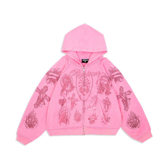 Righteous Tatted Believer Zip Up Hoodie Pink
