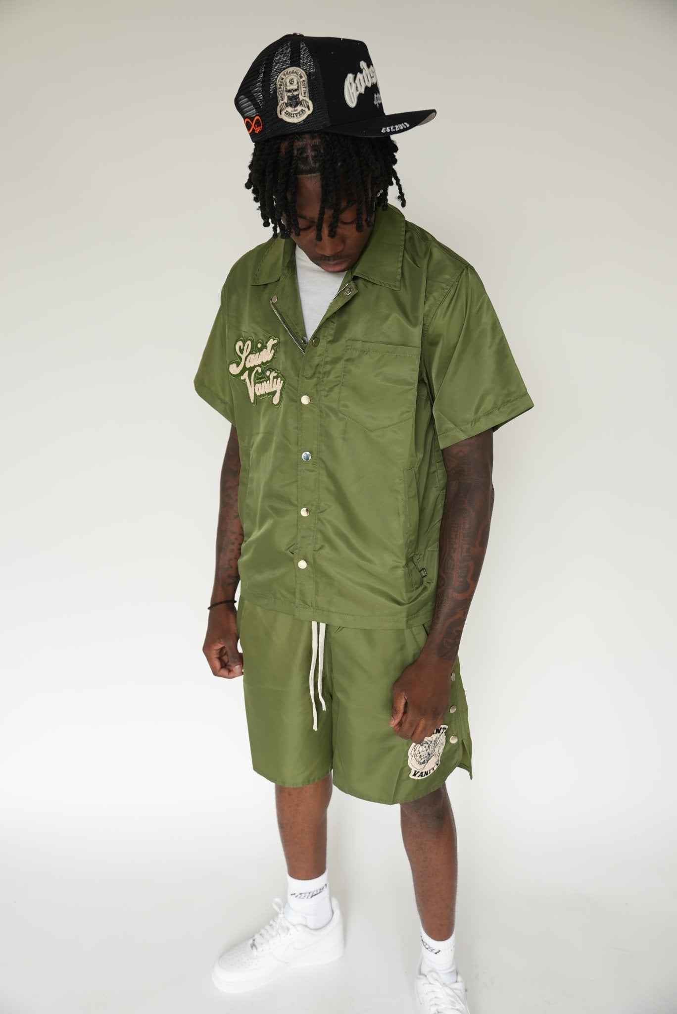 Saint Vanity Nylon Button Up Shirt Olive Green