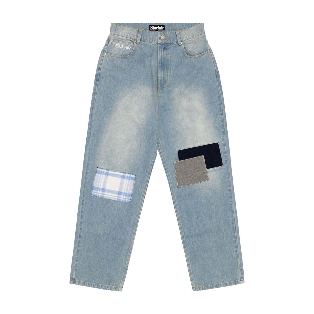 Sinclair Country Patched Denim Washed Blue Jeans