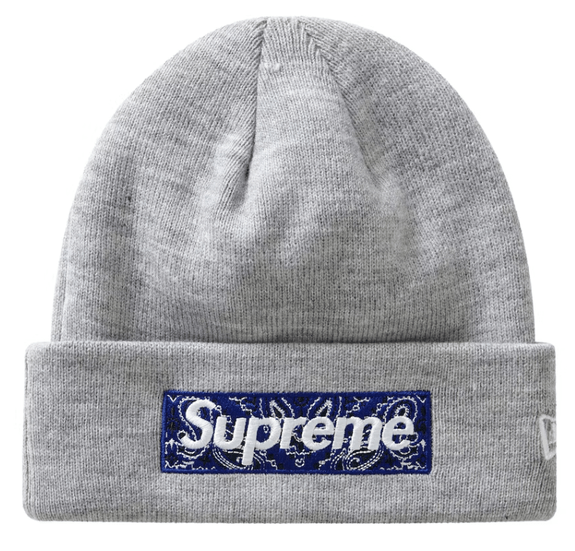 Supreme New Era Box Logo Beanie (FW19) Heather Grey Blue Paisley