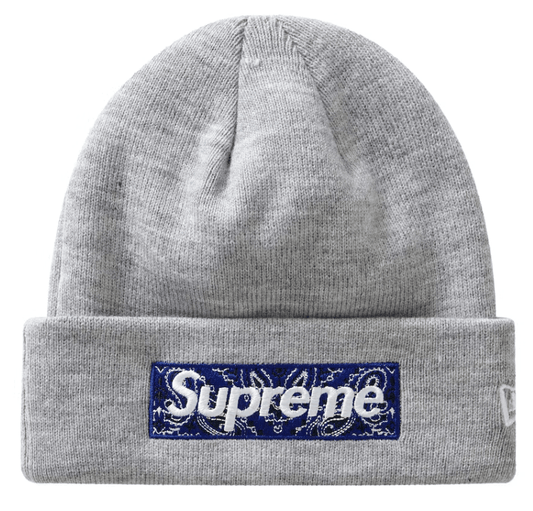 Supreme New Era Box Logo Beanie (FW19) Heather Grey Blue Paisley